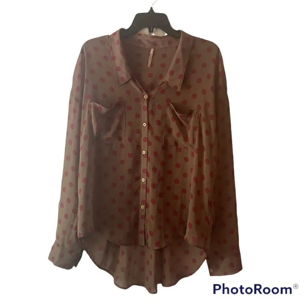 Free People Easy Rider Green and Pink Polka Dot Button Front Sheer Blouse Size M